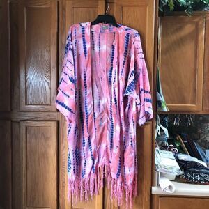ASOS Pink Boho Tie Dye Open Kimono Duster Fringe - S